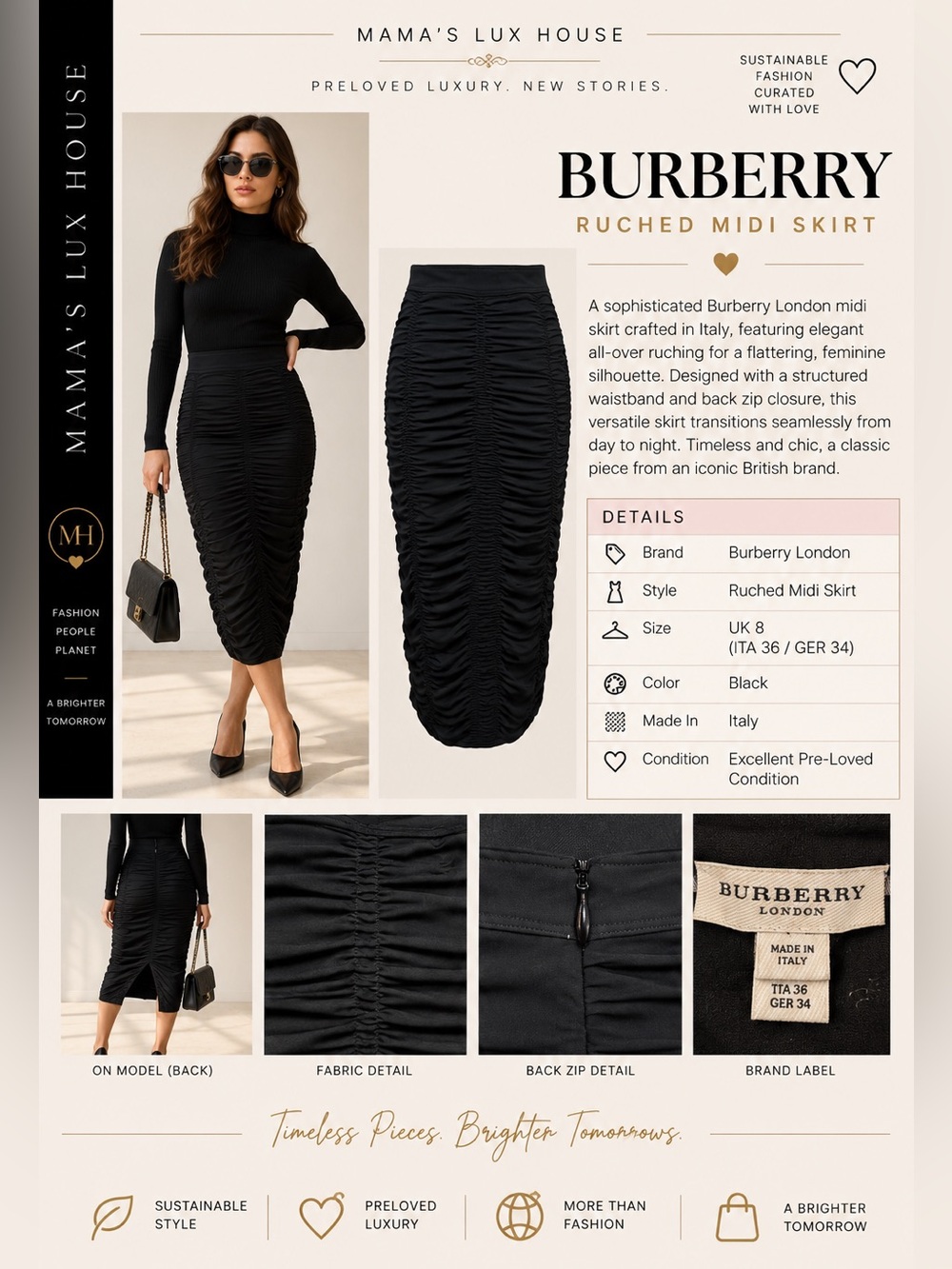 Burberry Black Ruched Midi Skirt